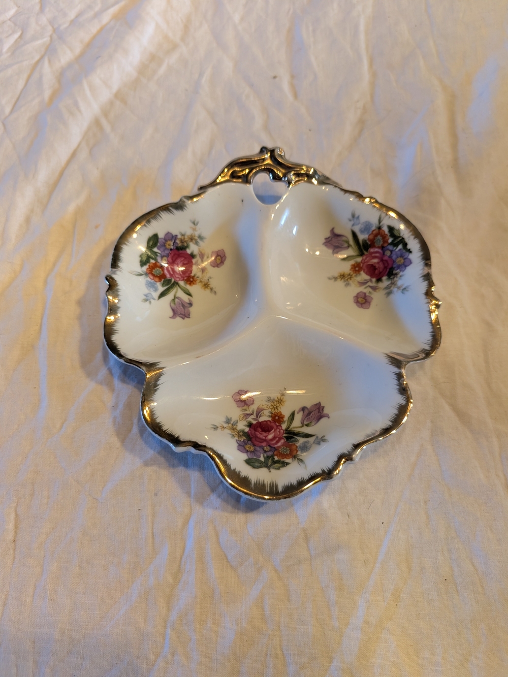 2/30$ Vintage Floral Gold-Trim Porcelain Divided Dish